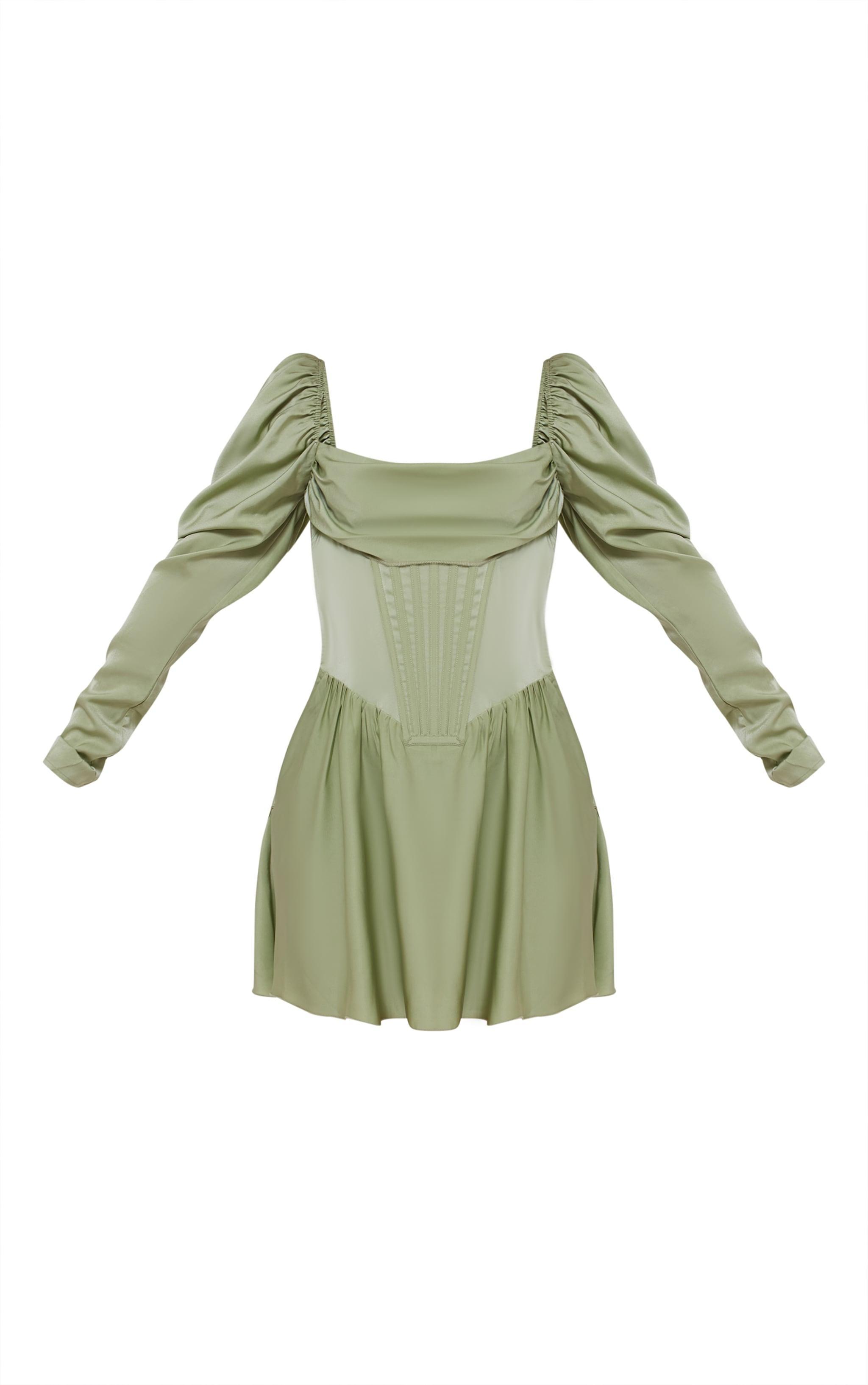 Sage Green Satin Corset Detail Puffball Skater Dress Product Image