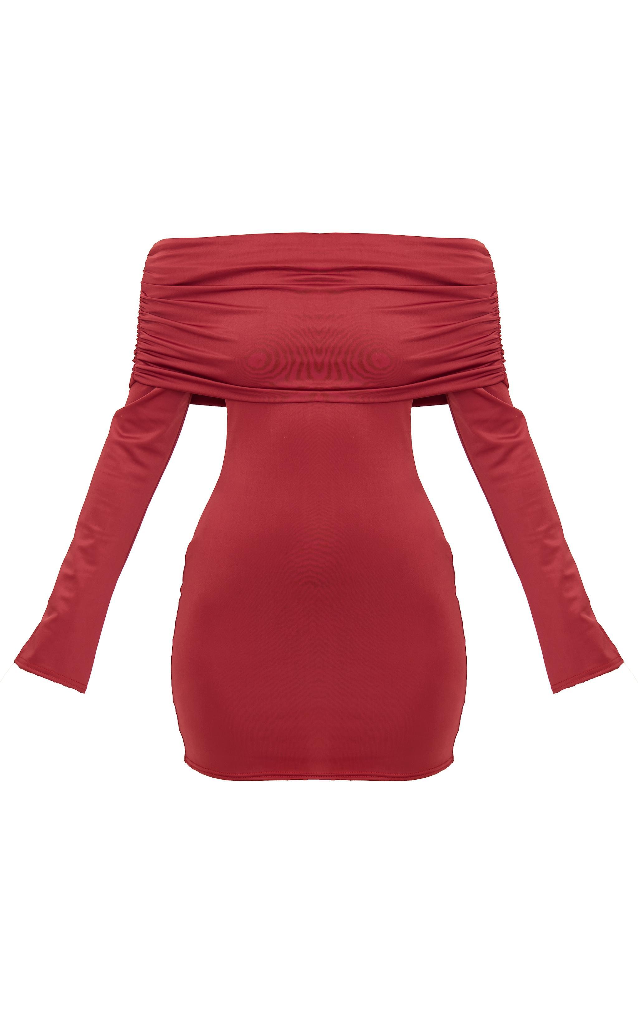 Burgundy Matte Sculpt Double Layer Foldover Bardot Long Sleeve Mini Dress Product Image