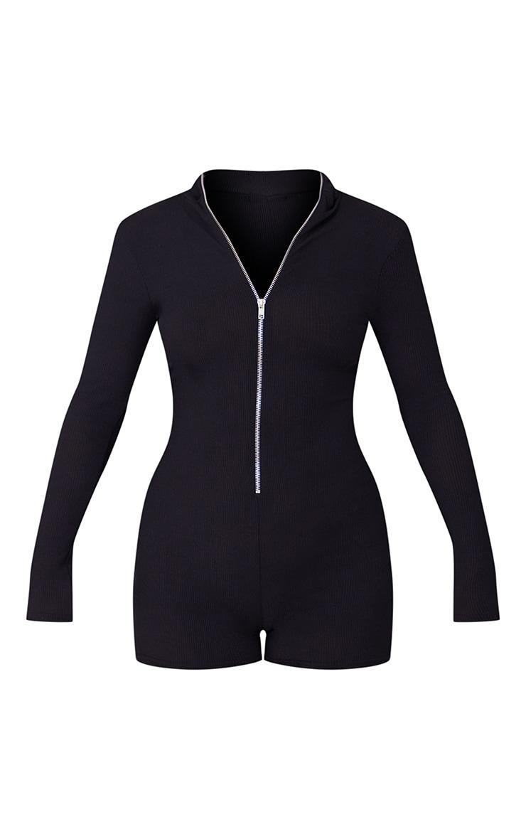 Black Fine Rib Zip Detail Unitard Product Image