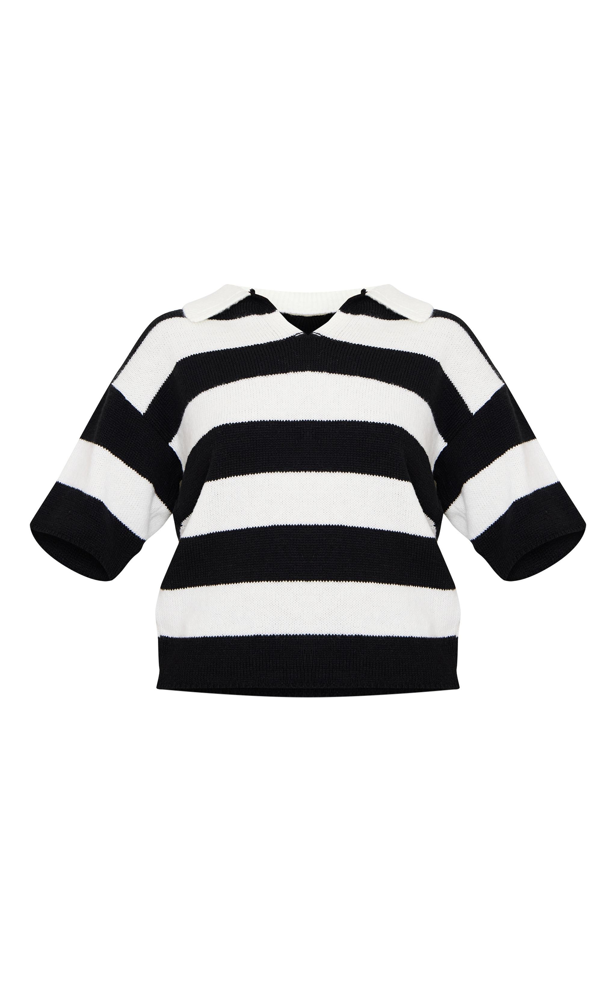 Monochrome Stripe Knit V Neck Oversized Rugby Top Product Image