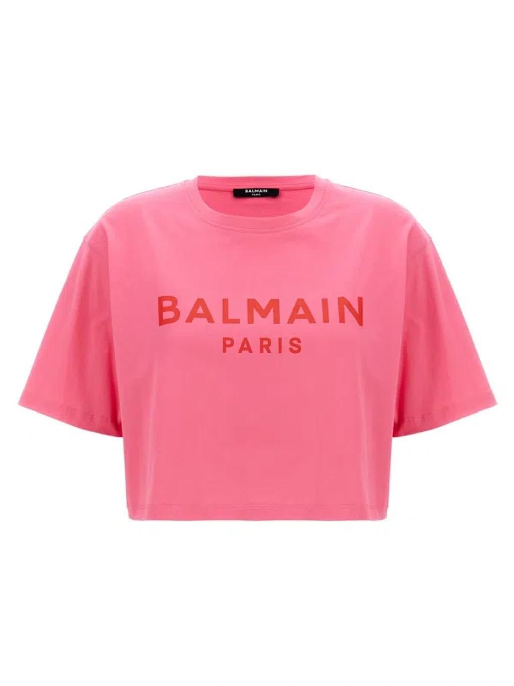 BALMAIN Logo Print Cropped T-shirt In Multicolour Product Image