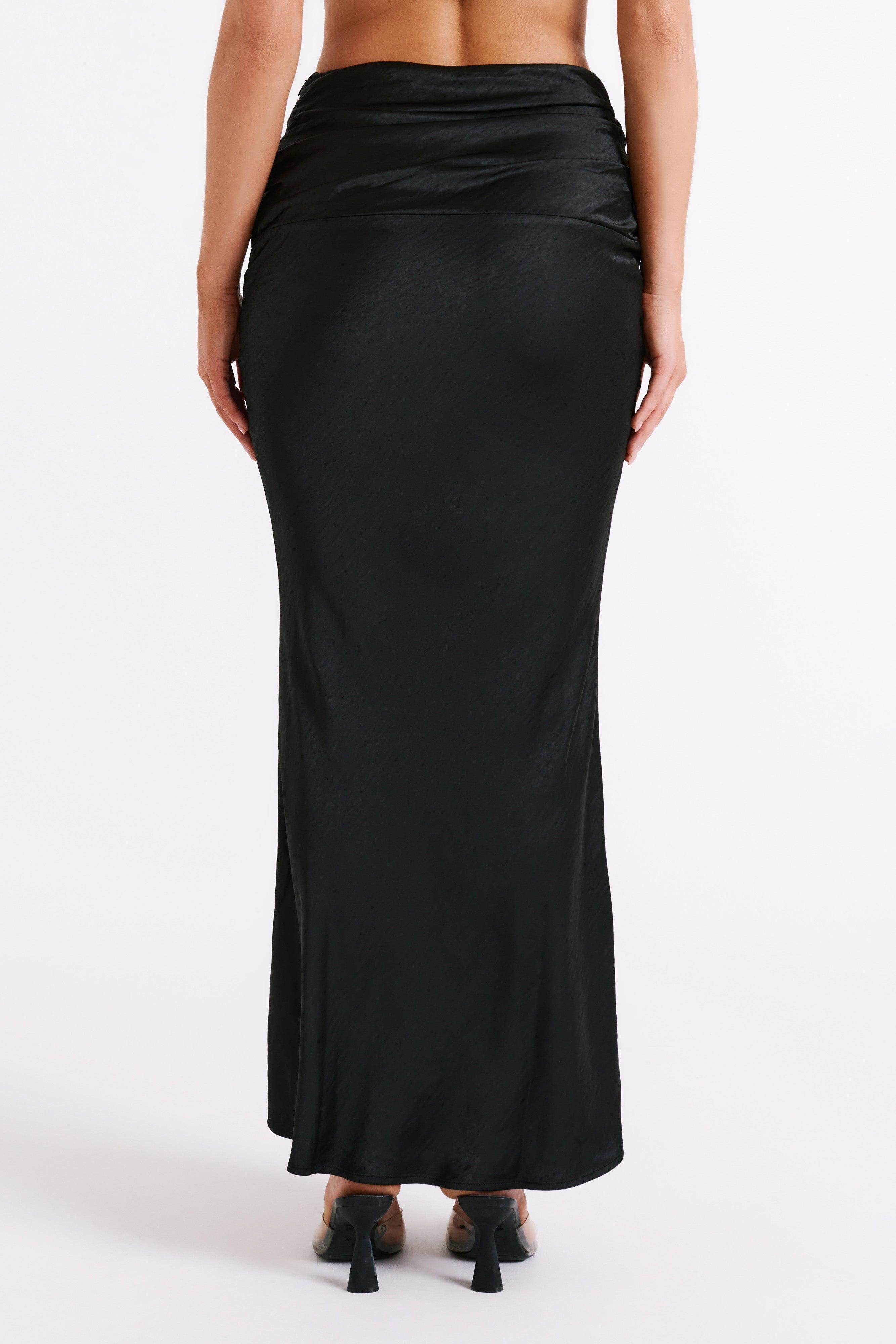 Khalani Ruched Satin Maxi Skirt - Black Product Image