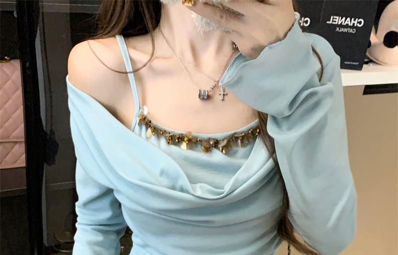 Cold Shoulder Long Sleeve Plain Mock Two Piece Tee Product Image