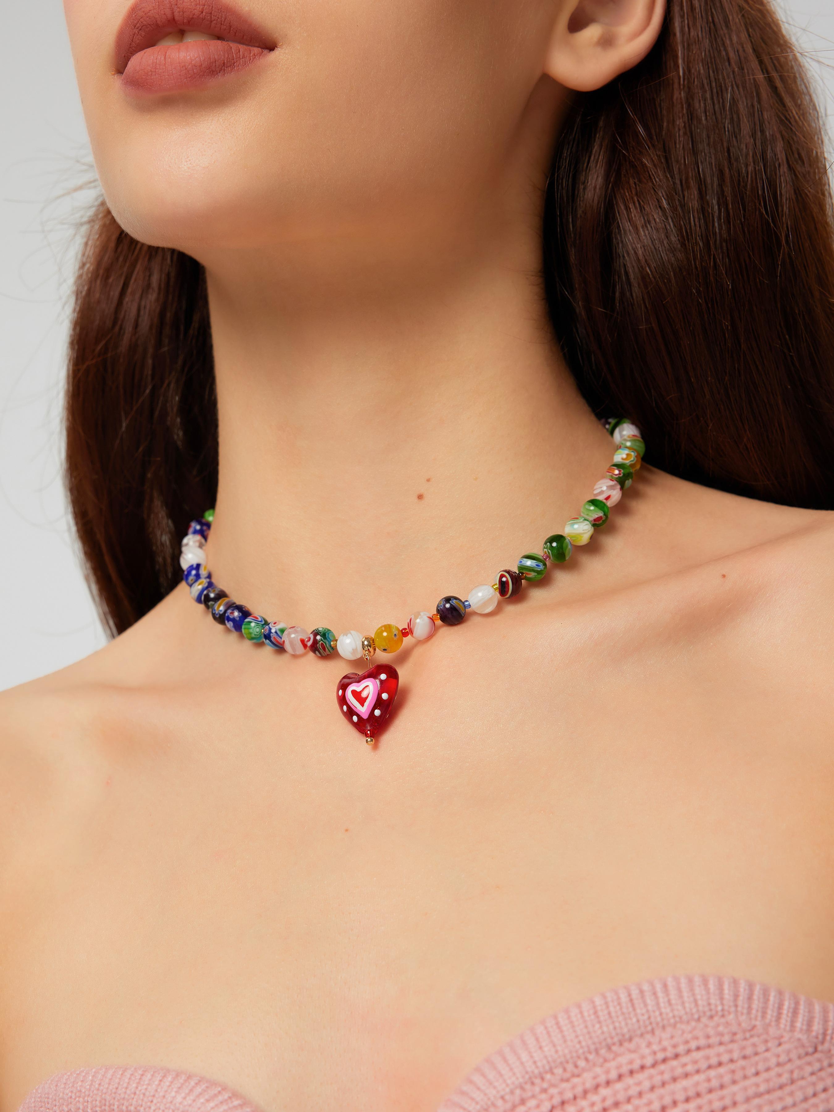 Glass Beaded Heart Decor Pendant Necklace Product Image