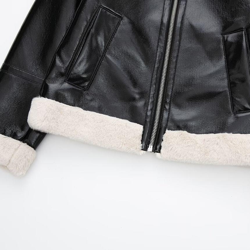 Fleece Collared Faux Leather Zip Jacket Product Image