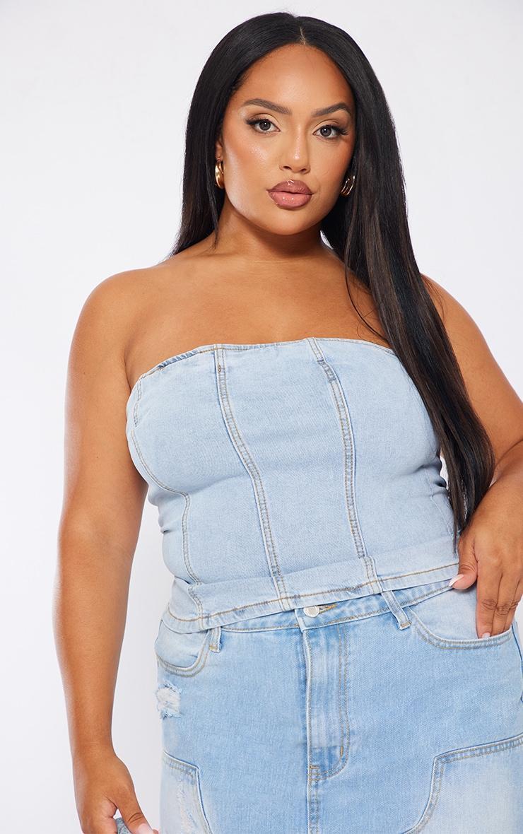 Plus Light Blue Wash Seam Detail Stretch Denim Corset Product Image