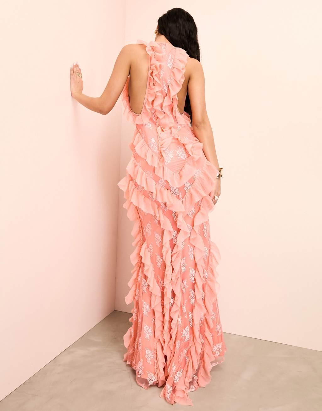 ASOS LUXE lace ruffle chiffon halter maxi dress with corsage detail in apricot Product Image