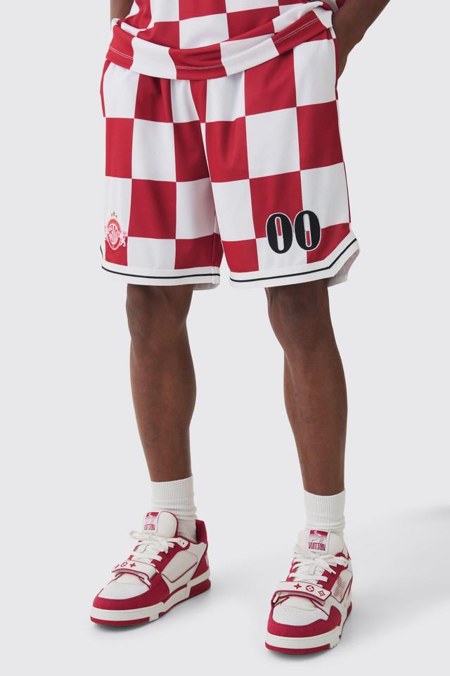 Checkerboard Embroidered Pique Long Length Basketball Shorts | boohooMAN USA Product Image