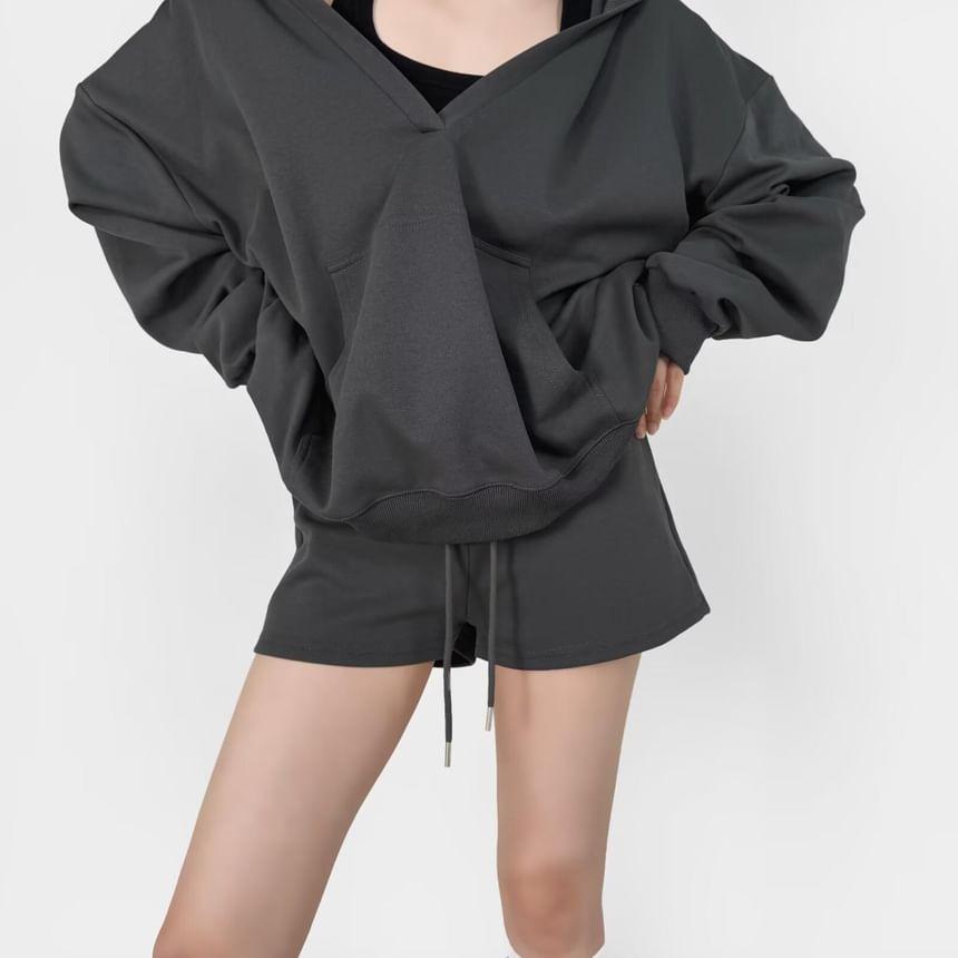 V-Neck Plain Loose Fit Hoodie Product Image