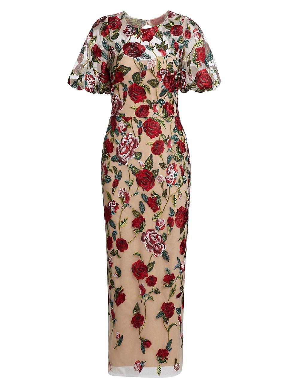 Womens Floral Embroidered Puff-Sleeve Midi-Dress Product Image