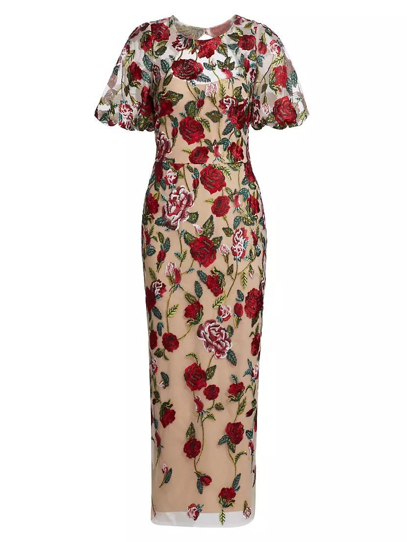 Floral Embroidered Puff-Sleeve Midi-Dress Product Image