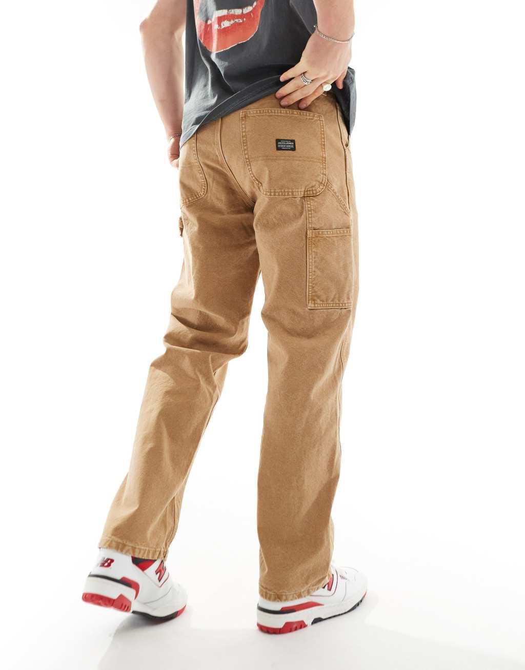 Jack & Jones Eddie loose fit carpenter jeans in tan  Product Image