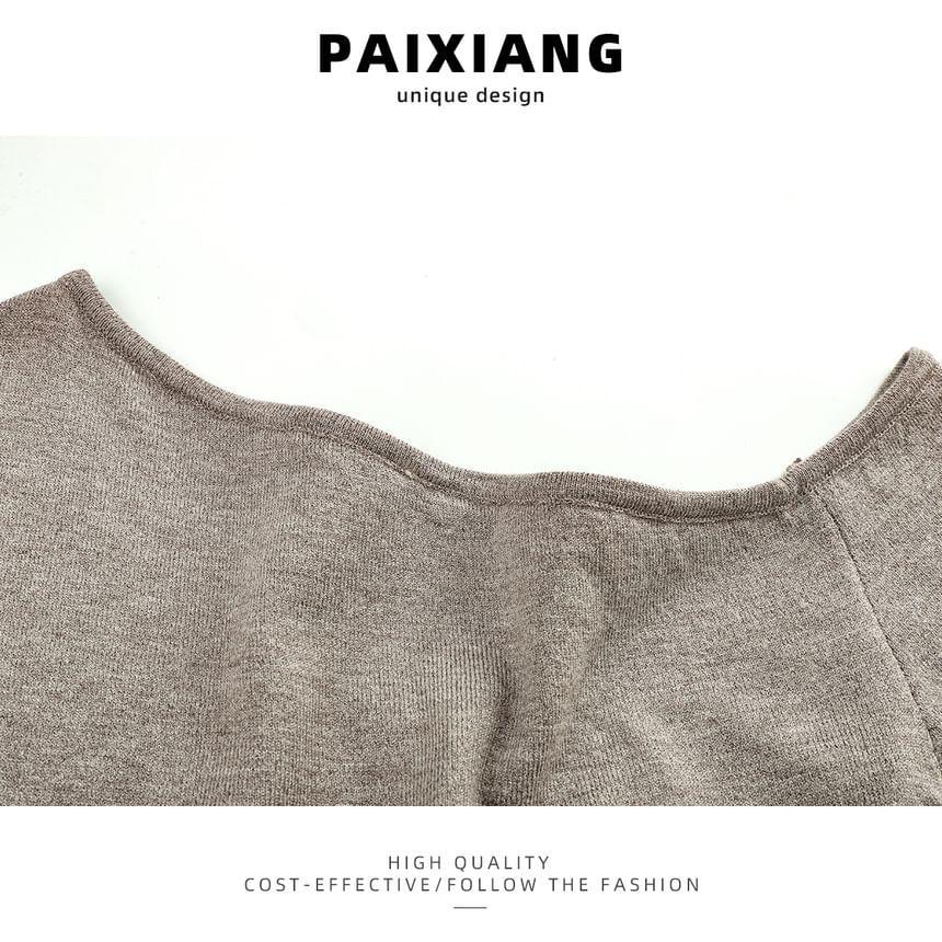 Long-Sleeve Asymmetrical Neck Button Hem Knit Top Product Image