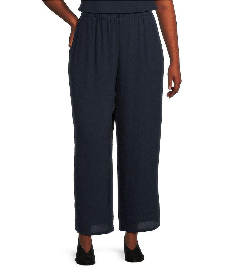 Eileen Fisher Plus Size Silk Georgette Crepe Elastic Waisted Wide Leg Pull-On Ankle Pants Product Image