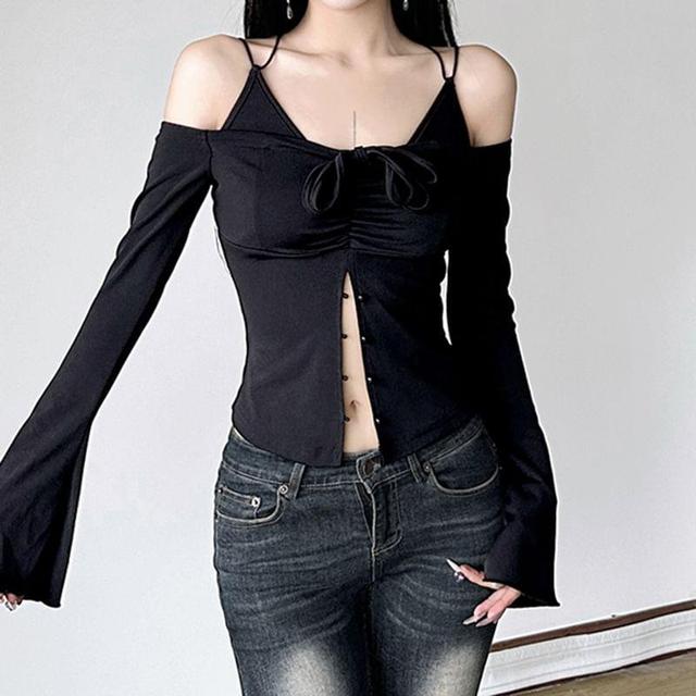 Long-Sleeve Halter Neck Cold Shoulder Plain Ruched Button-Up Crop Top Product Image