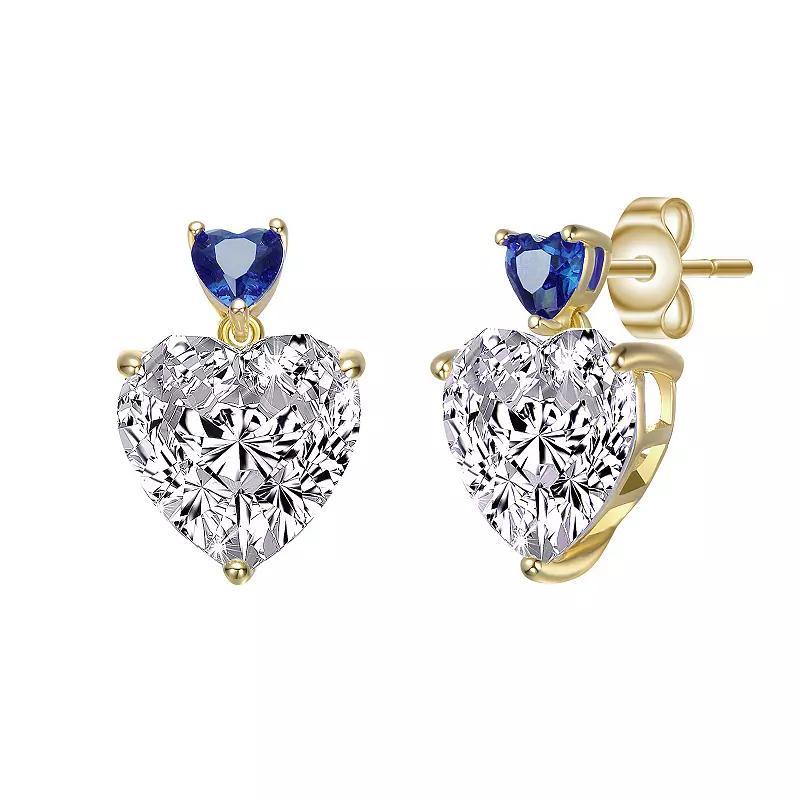 Gold Tone Cubic Zirconia Heart Two-Stone Stud Earrings, Womens, Blue Product Image