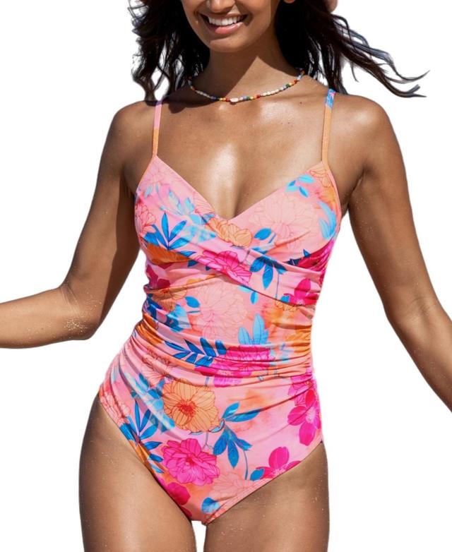 Cupshe Womens Sunset Bloom Ruched V-Neck One-Piece Product Image