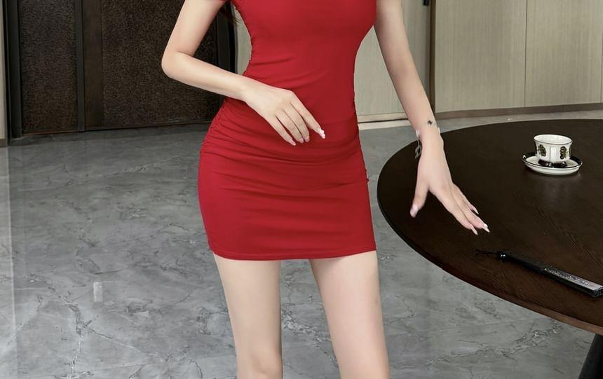 Short-Sleeve Cutout Mesh Panel Mini Bodycon Dress Product Image