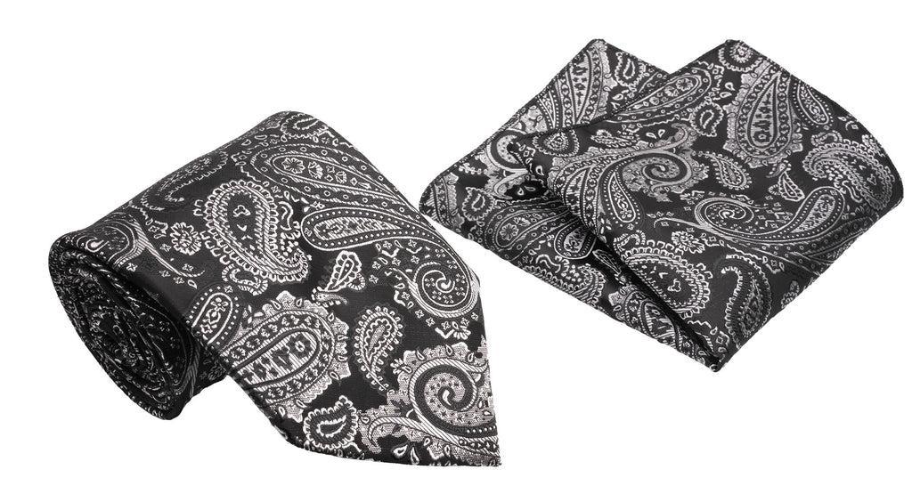 Black Silver Paisley Pattern Men's Classic Tie and Pocket Square Set Product Image