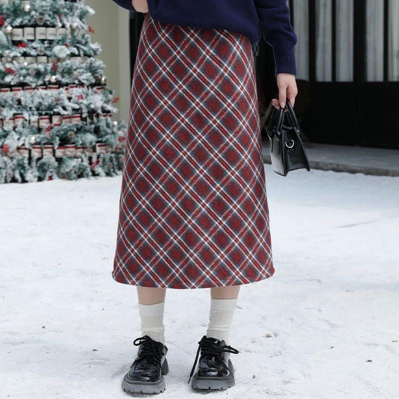 High Waist Plaid A-Line Midi Skirt Product Image