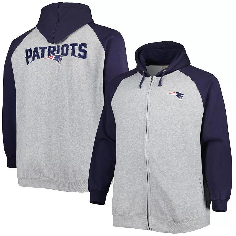 Mens Heather Gray New England Patriots Big & Tall Fleece Raglan Full-Zip Hoodie Jacket Product Image