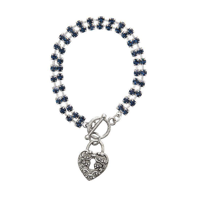 1928 Silver Tone Blue Crystal Heart Padlock Toggle Bracelet, Womens Product Image