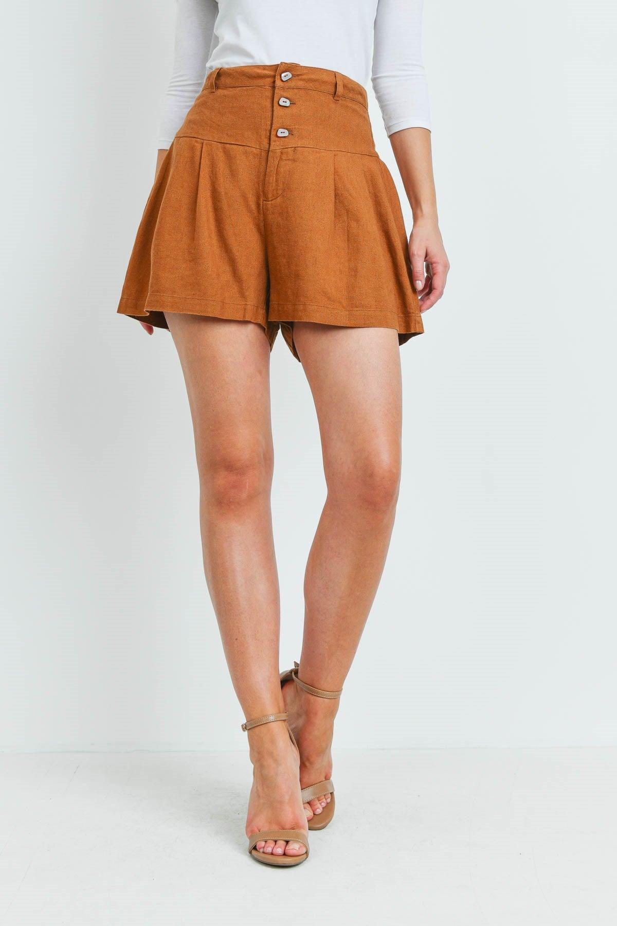 High Waist Linen Camel Shorts Product Image