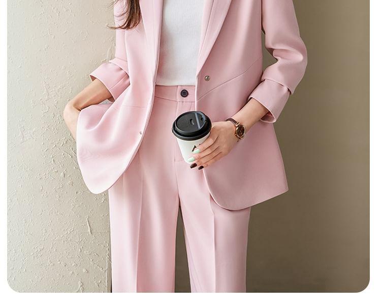 Lapel Collar Plain Single Breasted Blazer / Mid Rise Plain Wide Leg Slacks / Set Product Image