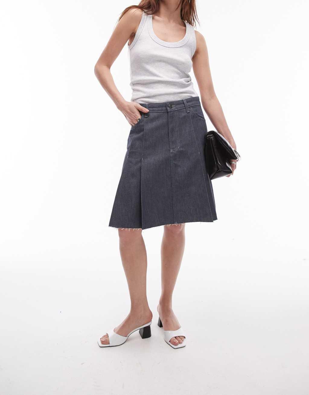 Topshop denim knee length pleated skirt in raw gray product image