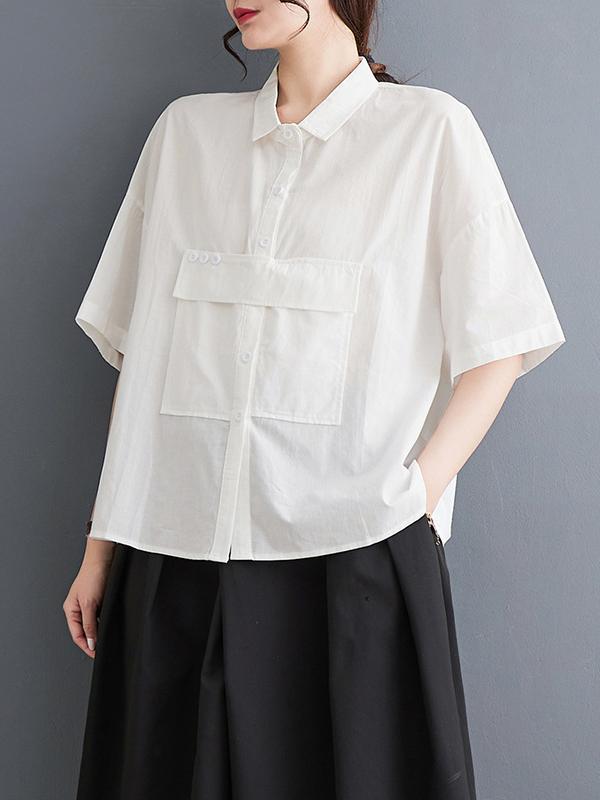 Loose Short Sleeves Solid Color Split-Joint Blouses Product Image