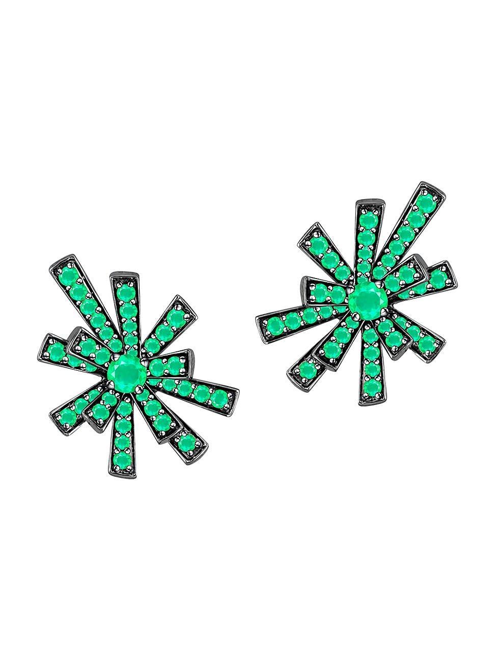 Womens 18K White Gold & Emerald Starburst Stud Earrings Product Image