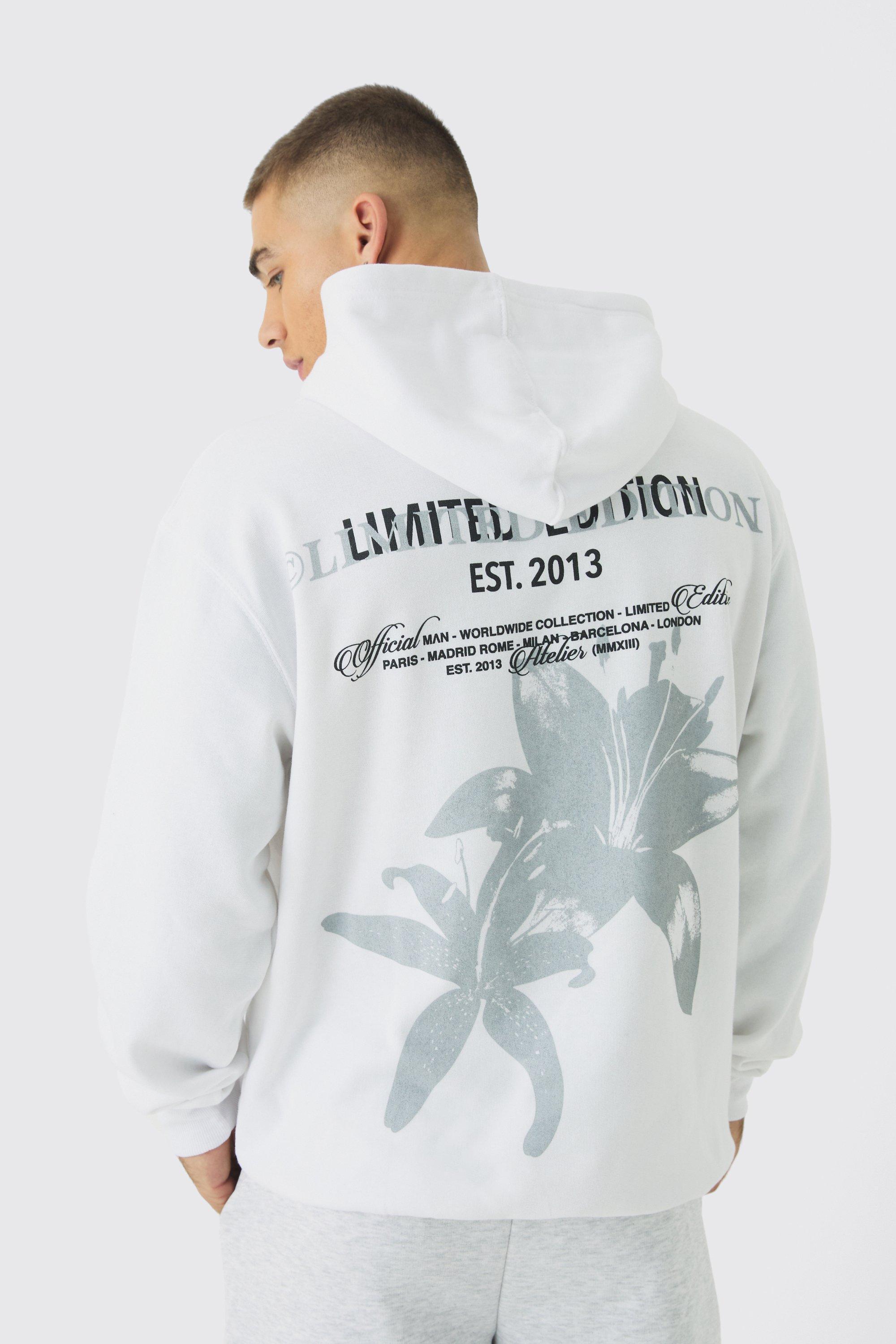 Mens White Oversized Floral Back Print Hoodie, White Product Image