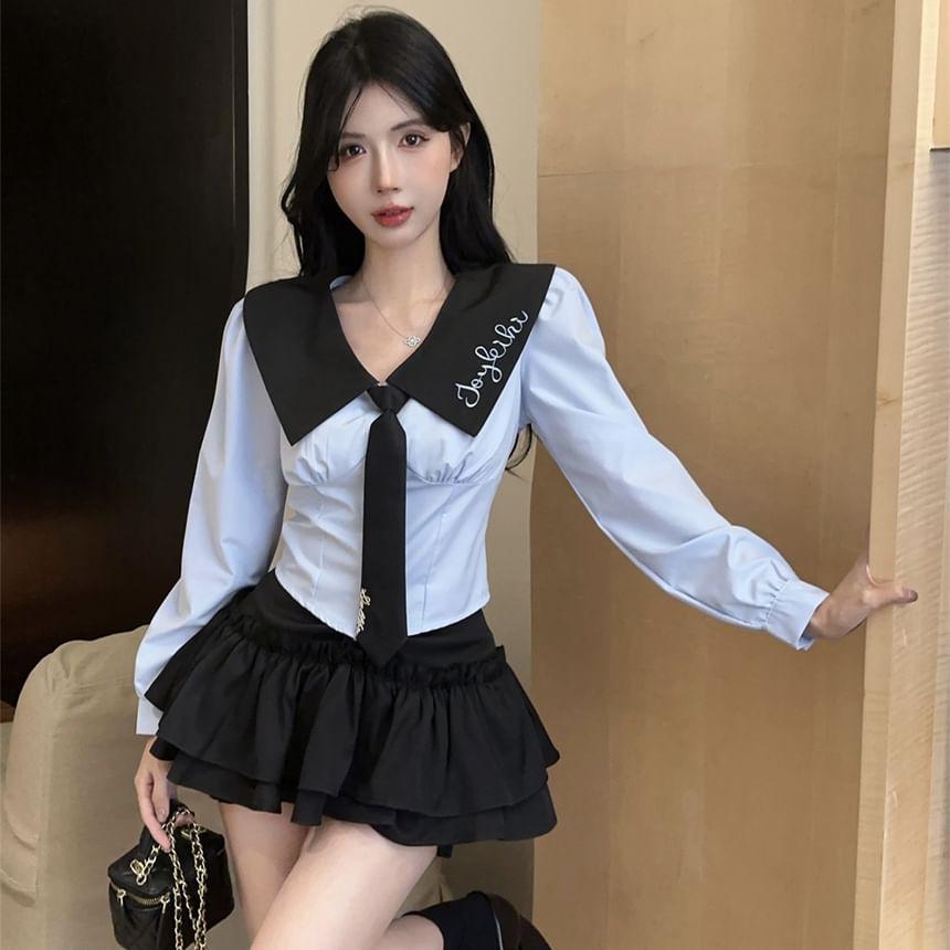 Long-Sleeve Letter Embroidered Shirt / Tie / High Waist Tiered Mini A-Line Skirt / Set Product Image