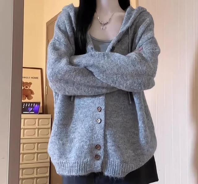 Plain Hooded Cardigan Product Image