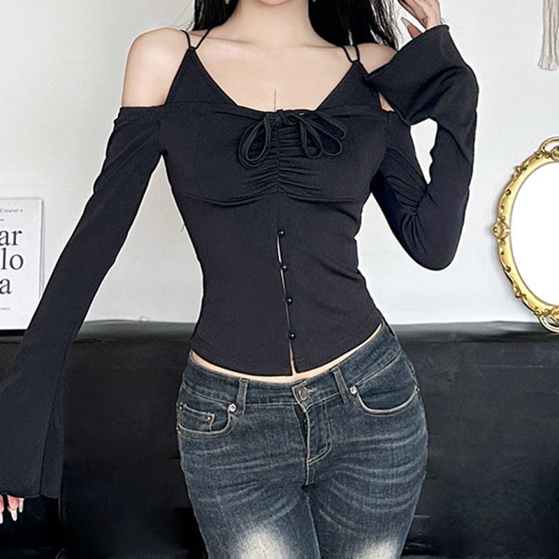 Long-Sleeve Halter Neck Cold Shoulder Plain Ruched Button-Up Crop Top Product Image