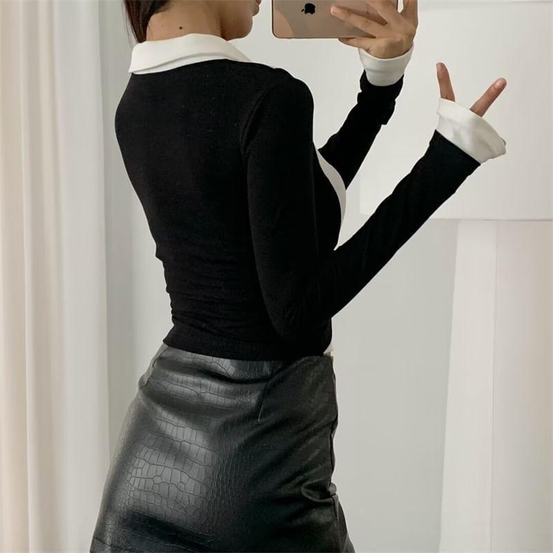 Long Sleeve Two Tone Polo Collar Crop Top Product Image