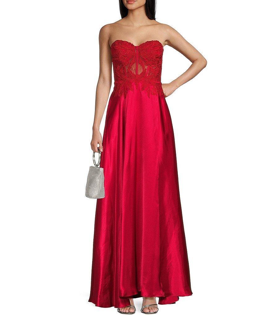 Blondie Nites Strapless Sweetheart Illusion Lace Corset Satin Gown Product Image