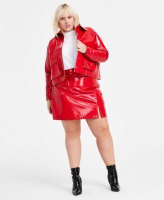 Trendy Plus Size Faux-Leather Jacket Short-Sleeve Blouson T-Shirt & Faux-Leather Mini Skirt, Created for Macy's  Product Image