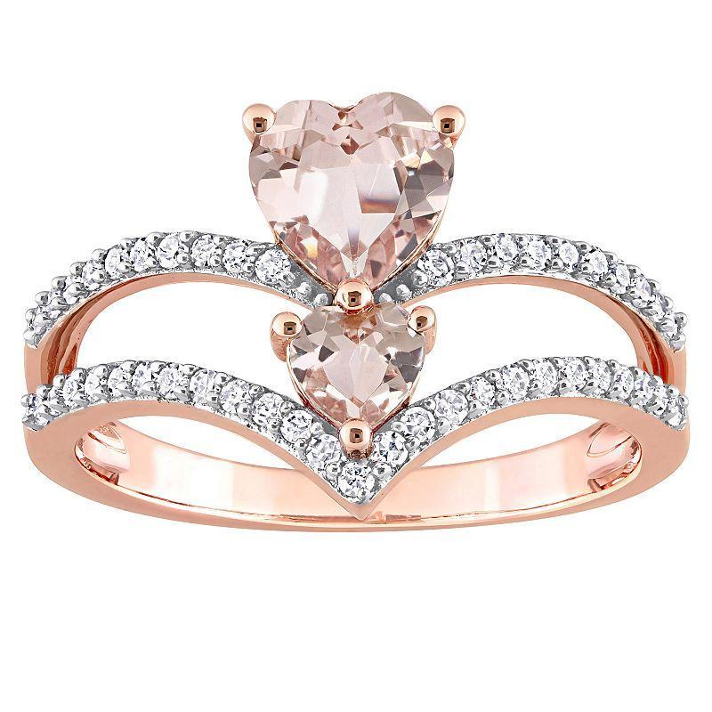 Stella Grace 10k Rose Gold Morganite & 1/4 Carat T.W. Diamond 2-Stone Heart Open Ring, Womens Product Image