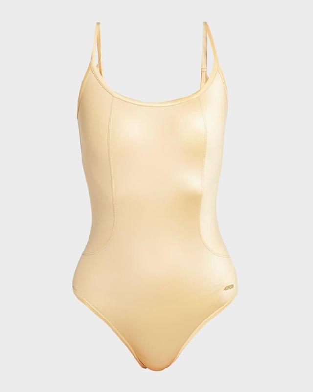 Lustrous Jersey One-Piece Swimsuit with Logo Metal Plaque Product Image