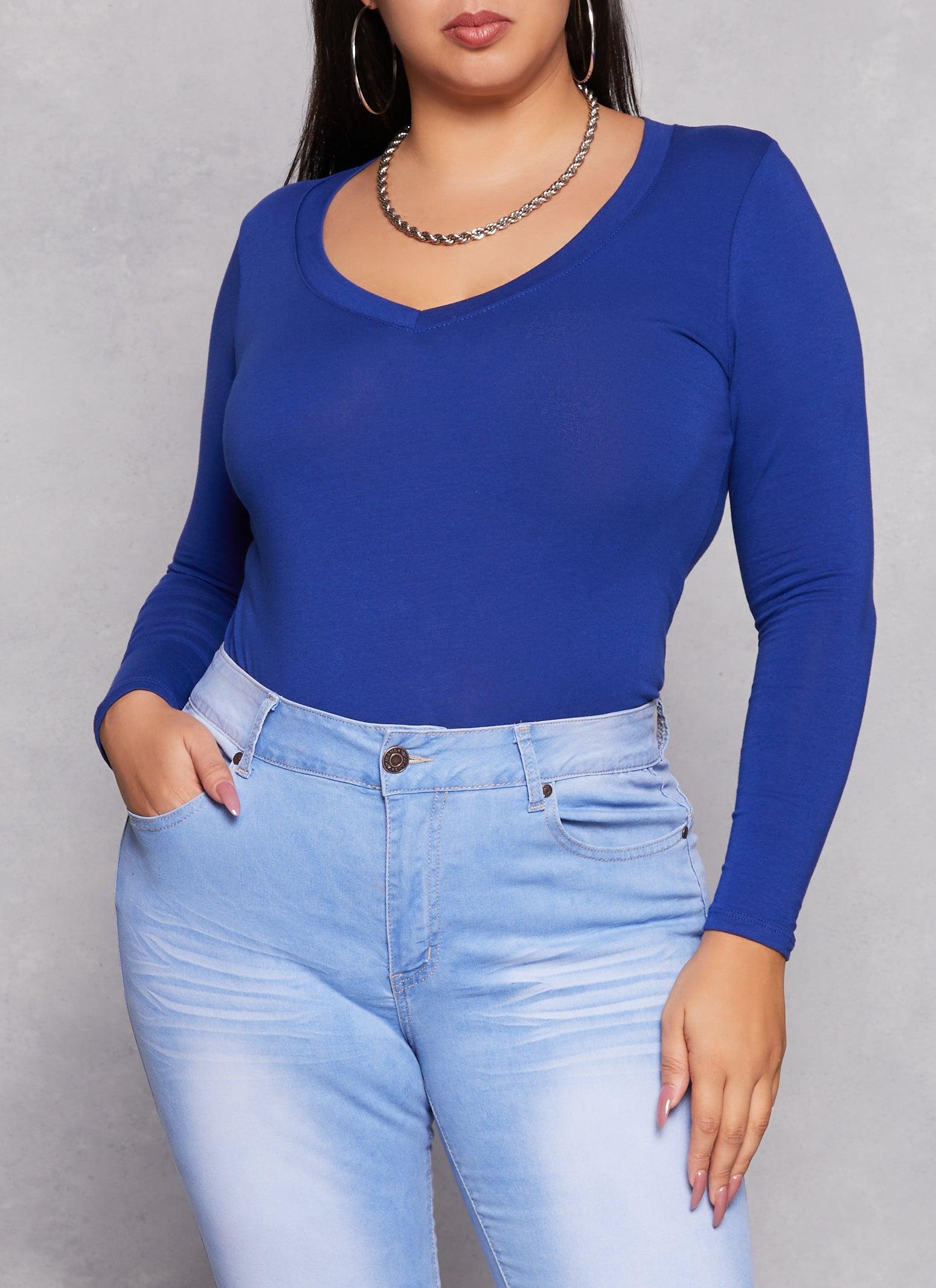 Womens Plus Size Basic Long Sleeve V Neck Tee Product Image