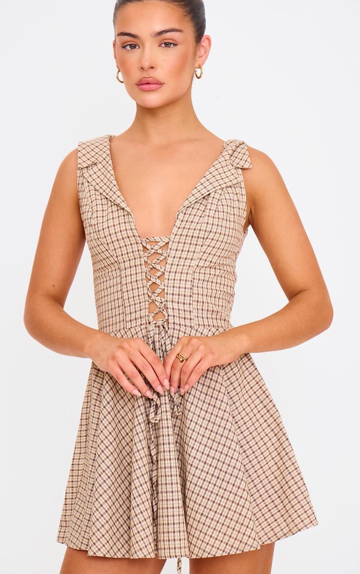 Cream Lace Up Check Shift Dress Product Image