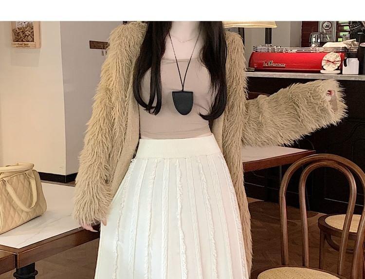 High Waist Plain Fringed Midi A-Line Knit Skirt Product Image