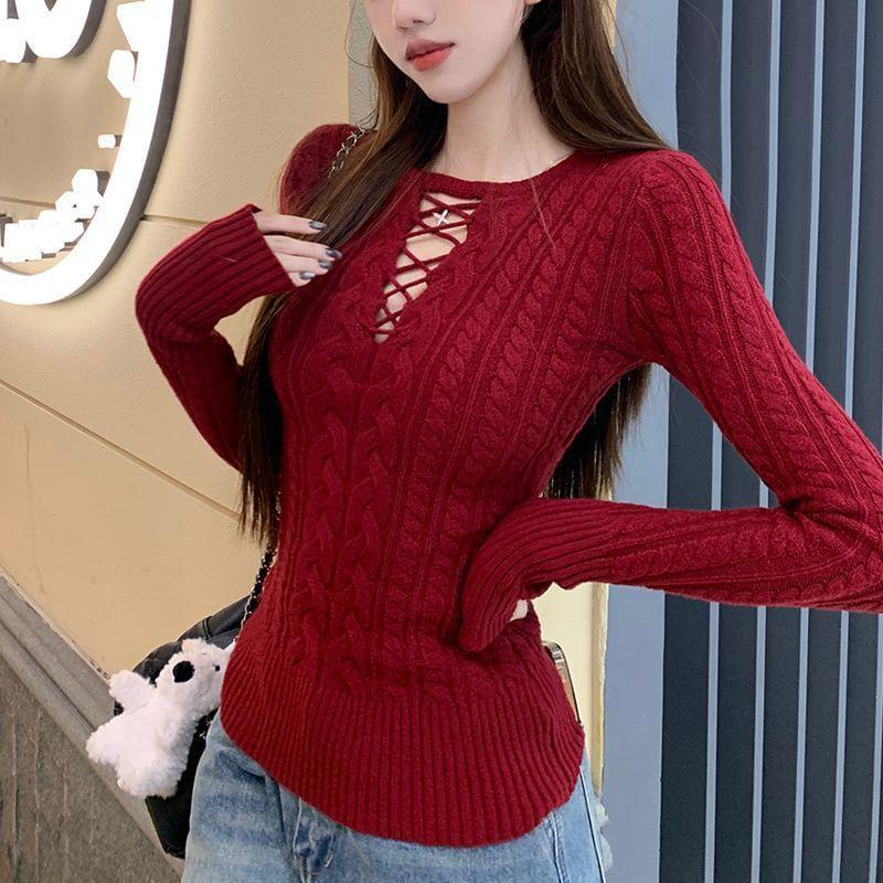 Long-Sleeve Cutout Cable Knit Top Product Image