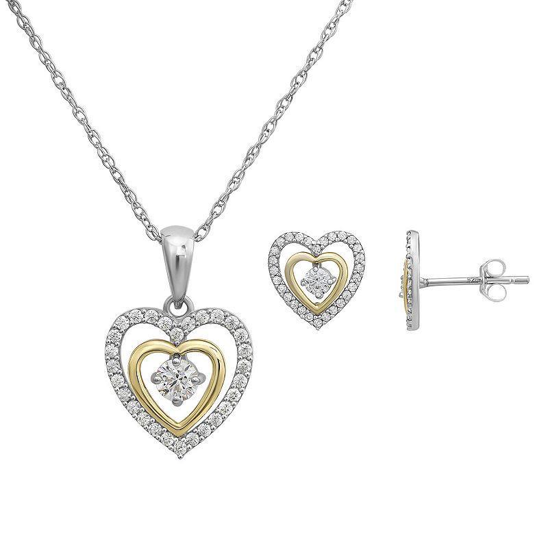 Taylor Grace 10k Gold & Sterling Silver Two-Tone Cubic Zirconia Orbital Open Heart Necklace & Stud Earrings Set, Womens Multicolor Product Image