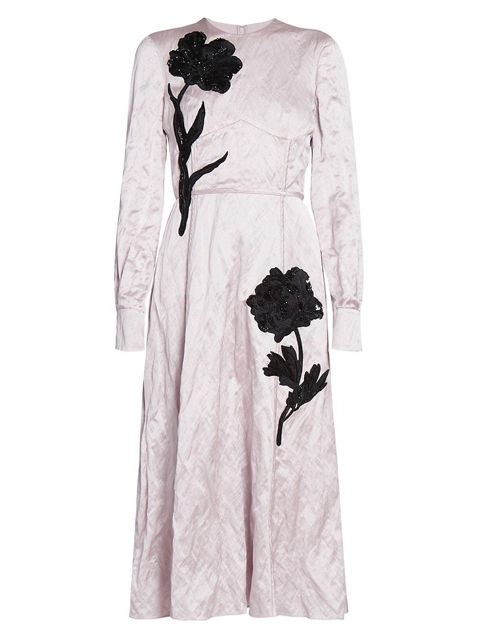 Womens Satin Floral Long-Sleeve Midi-Dress product image