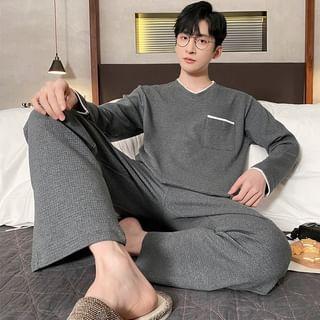 Pajama Set: Long-Sleeve Contrast Trim T-Shirt + Pants Product Image