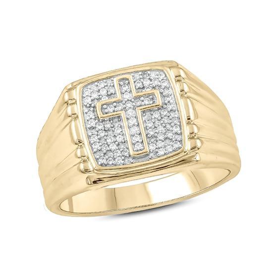 Men's 1/6 CT. T.w. Composite Diamond Square Cross Ribbed Shank Ring in Sterling Silver with 14K Gold Plate Product Image