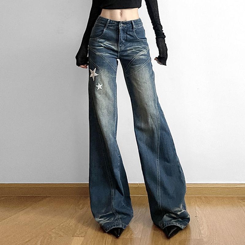 Low Waist Star Applique Washed Straight-Fit Wide-Leg Jeans Product Image