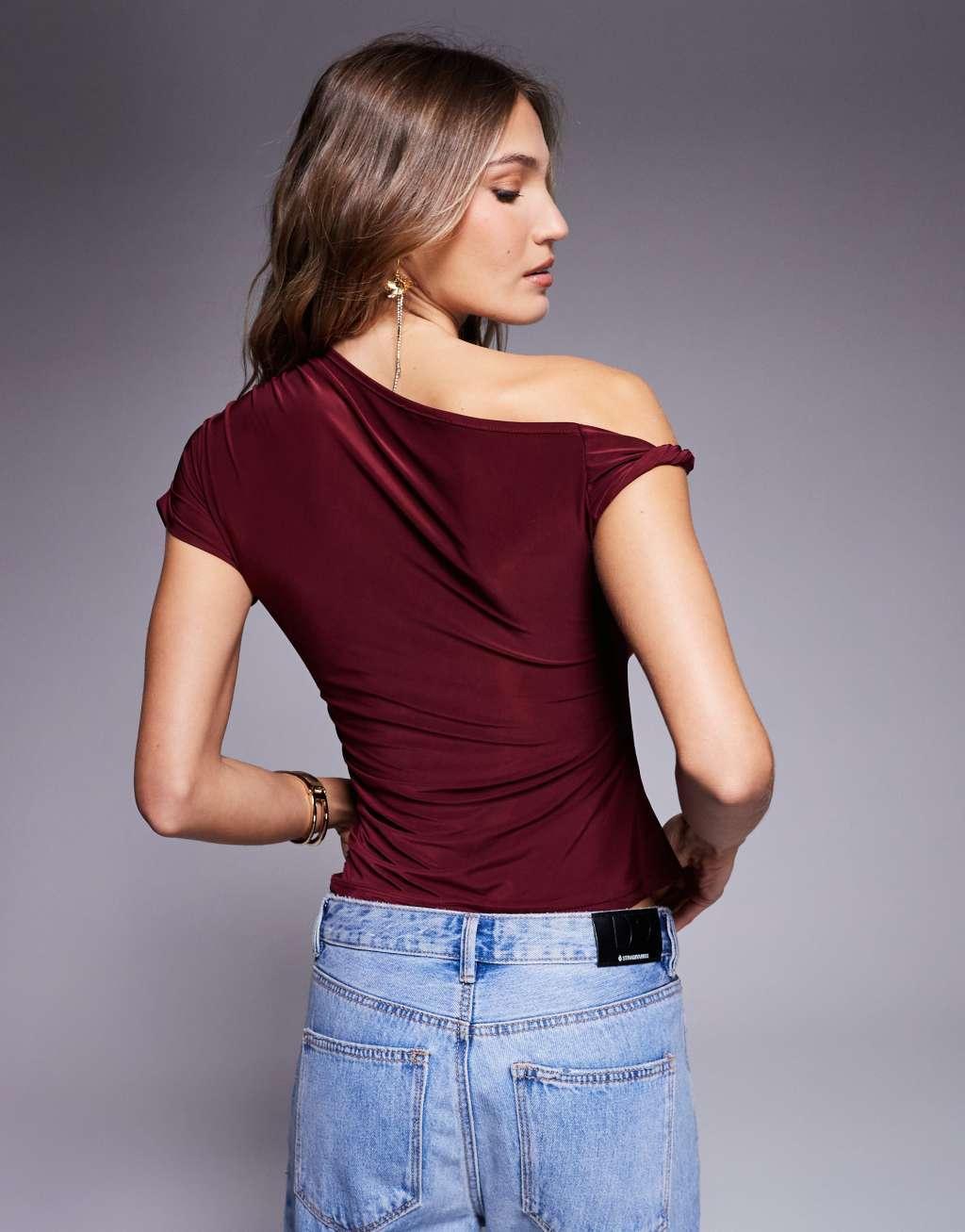 ASOS DESIGN slinky twist one shoulder top in burgundy Product Image